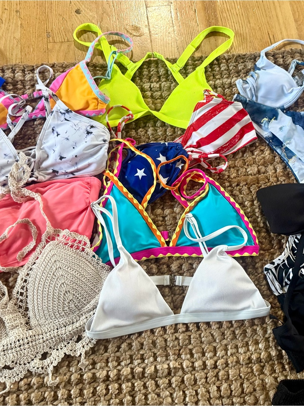 Black Bralette Swim Top with White Leaf Band and Pink Logo
